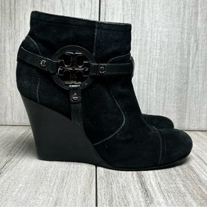 Tory Burch Black Suede Aaden Heeled Wedge Bootie Ankle Boot Shoes Womens Size 8